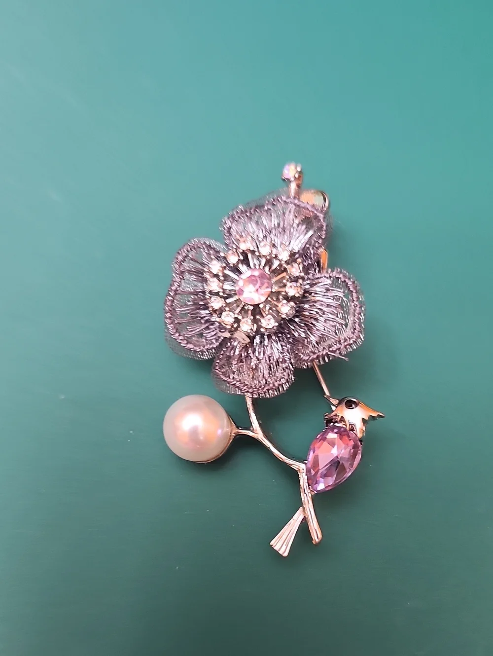 Pink Crystal Bird and Silver Flower Brooch with Pearl Accent
